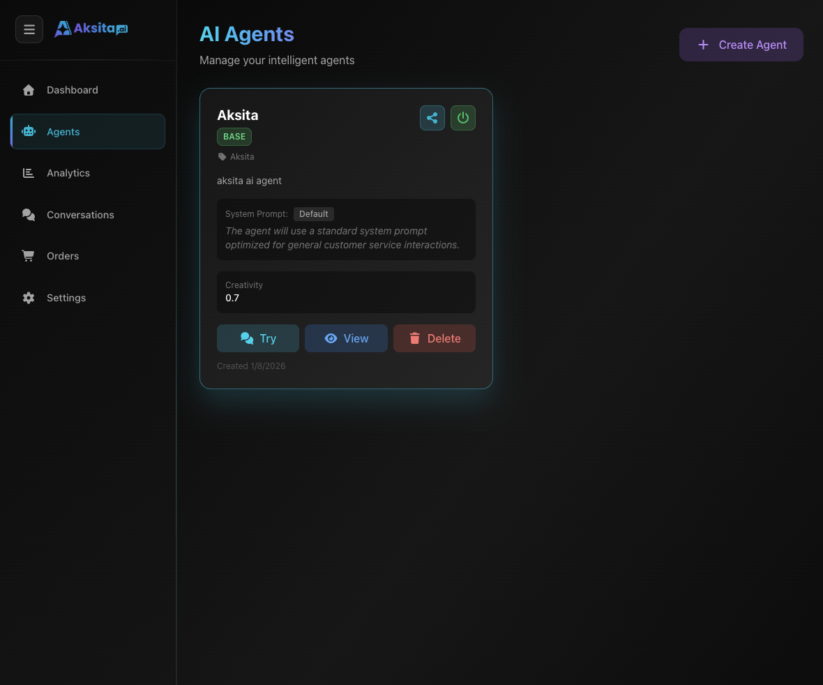 Dashboard Agents Aksita.ai - Halaman Manajemen Agent